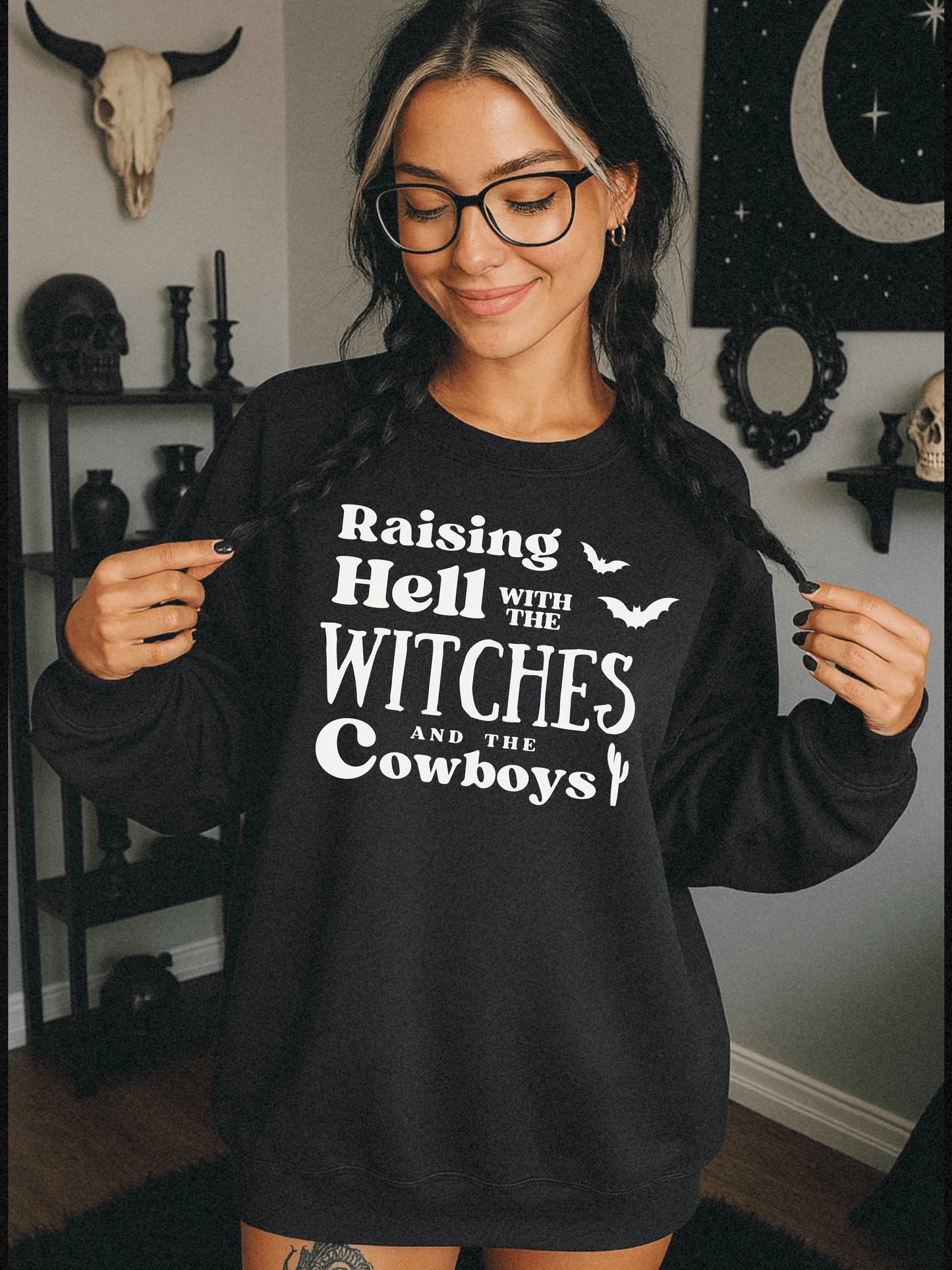 Raising Hell with the Witches and Cowboys Sweatshirt | Western Witchy Graphic Crewneck | Halloween Fall Cowgirl Pullover